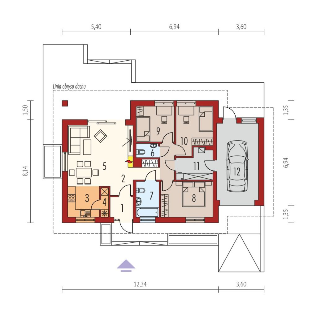 Proiect 138 — plan parter: casă modernă parter, 3 dormitoare, garaj și terasă acoperită