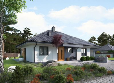 Proiect 138 — randare a casei: casă modernă parter, 3 dormitoare, garaj și terasă acoperită