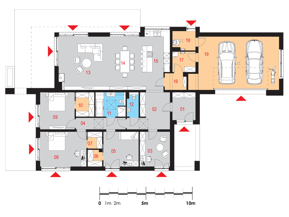 Proiect 139 — plan parter: casă modernă parter, 3 dormitoare, piscină și garaj dublu