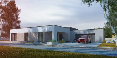 Proiect 139 — randare a casei: casă modernă parter, 3 dormitoare, piscină și garaj dublu