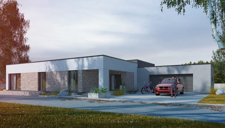 Proiect 139 — randare a casei: casă modernă parter, 3 dormitoare, piscină și garaj dublu