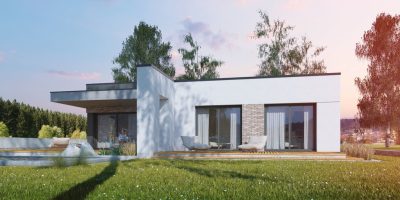 Proiect 139 — randare a casei: casă modernă parter, 3 dormitoare, piscină și garaj dublu