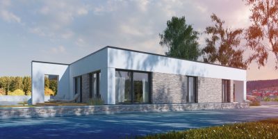 Proiect 139 — randare a casei: casă modernă parter, 3 dormitoare, piscină și garaj dublu