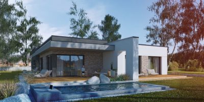 Proiect 139 — randare a casei: casă modernă parter, 3 dormitoare, piscină și garaj dublu