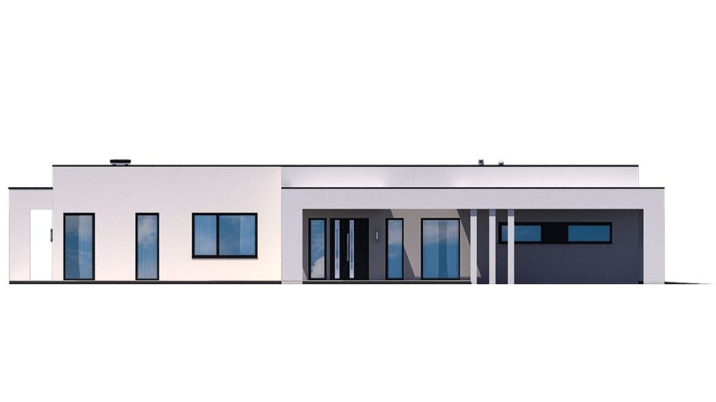 Proiect 140 — fațade: casă modernă parter, 3 dormitoare, piscină și terasă