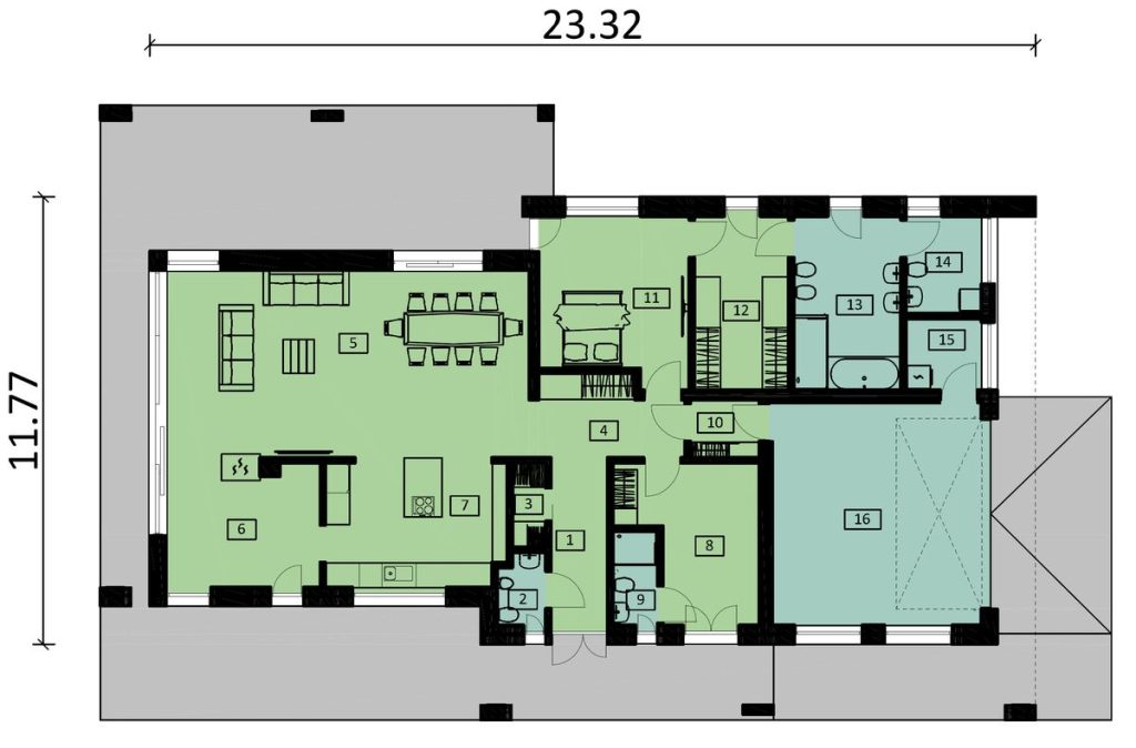 Proiect 140 — plan parter: casă modernă parter, 3 dormitoare, piscină și terasă