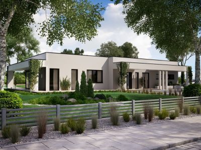 Proiect 140 — randare a casei: casă modernă parter, 3 dormitoare, piscină și terasă