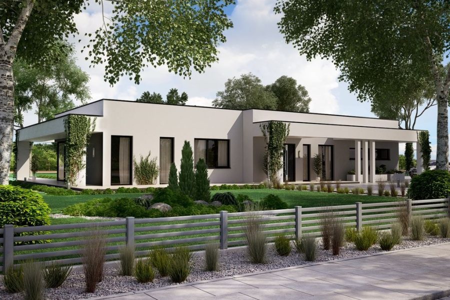 Proiect 140 — randare a casei: casă modernă parter, 3 dormitoare, piscină și terasă