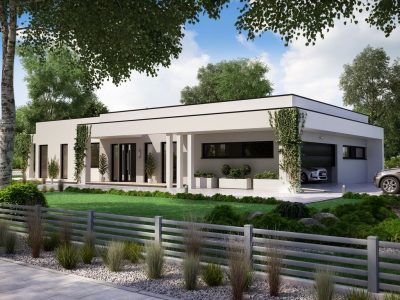 Proiect 140 — randare a casei: casă modernă parter, 3 dormitoare, piscină și terasă