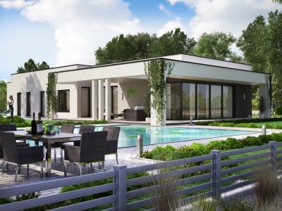 Proiect 140 — randare a casei: casă modernă parter, 3 dormitoare, piscină și terasă