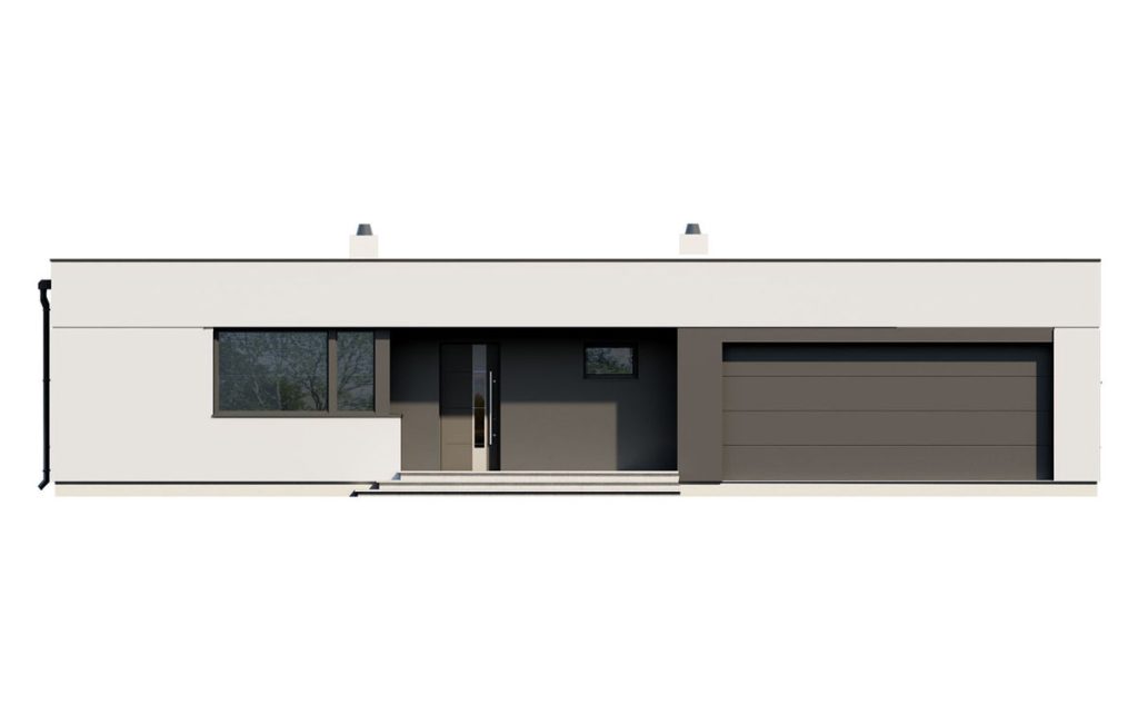 Proiect 141 — fațade: casă modernă parter, 3 dormitoare, terasă și garaj