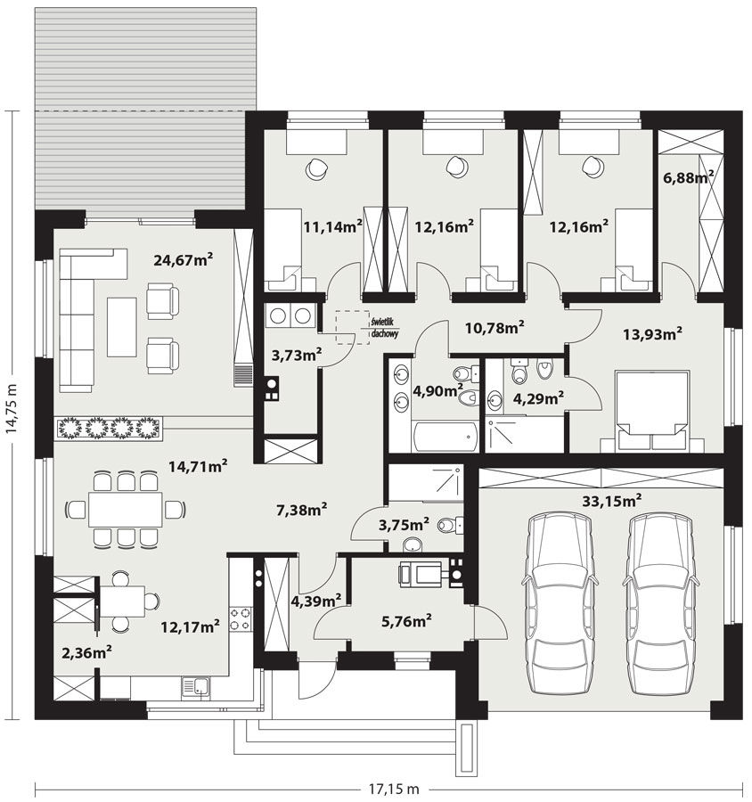 Proiect 141 — plan parter: casă modernă parter, 3 dormitoare, terasă și garaj