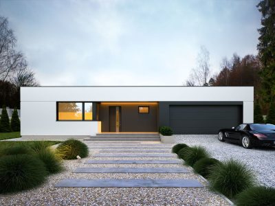 Proiect 141 — randare a casei: casă modernă parter, 3 dormitoare, terasă și garaj