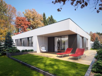 Proiect 141 — randare a casei: casă modernă parter, 3 dormitoare, terasă și garaj