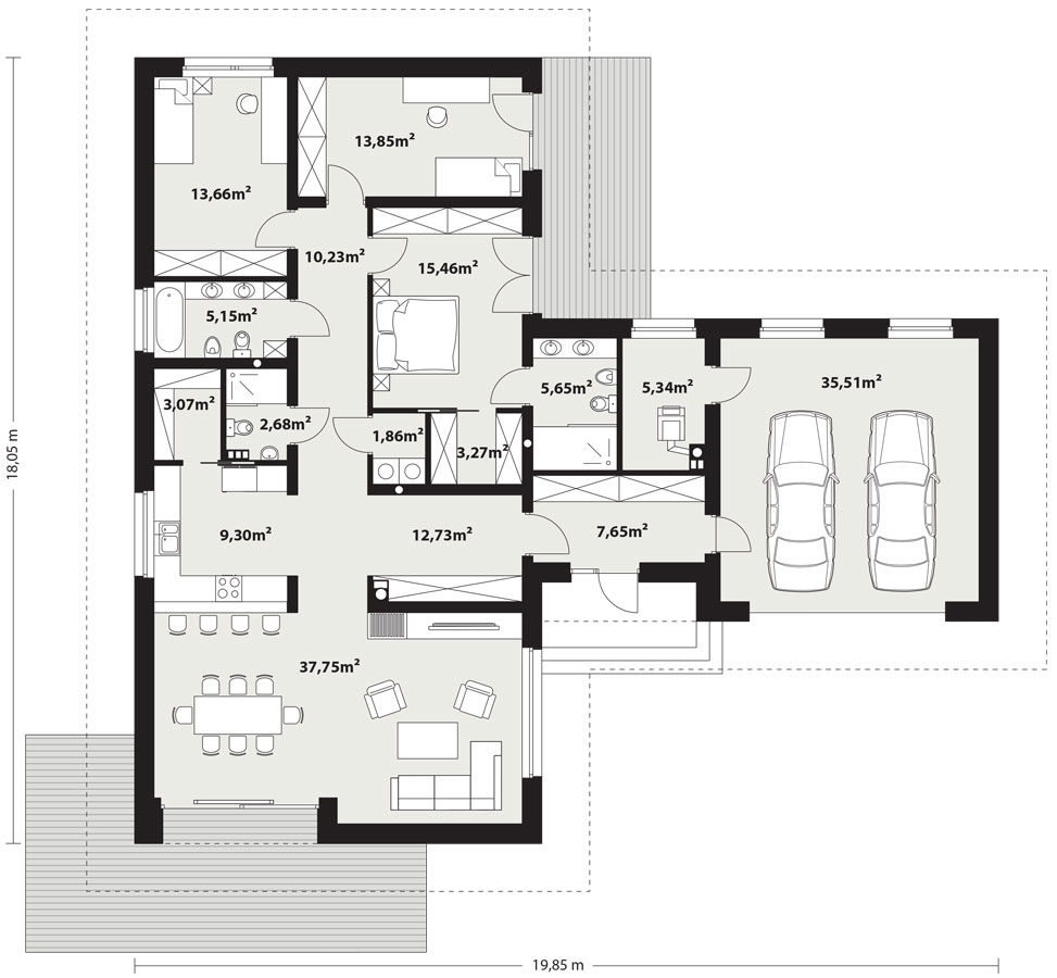 Proiect 142 — plan parter: casă modernă parter, 4 dormitoare, garaj dublu și terasă
