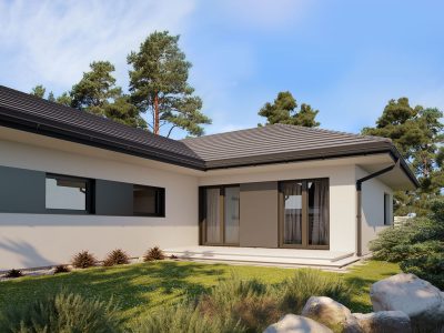 Proiect 142 — randare a casei: casă modernă parter, 4 dormitoare, garaj dublu și terasă