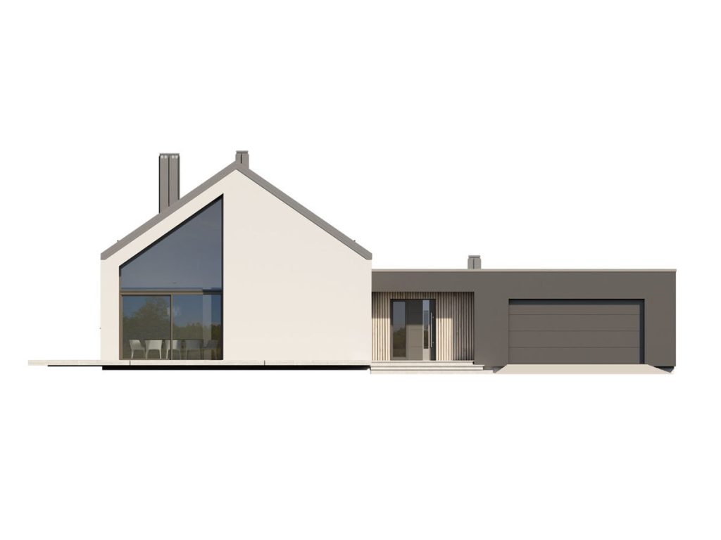 Proiect 143 — fațade: casă modernă parter, 4 dormitoare, living înalt și garaj dublu