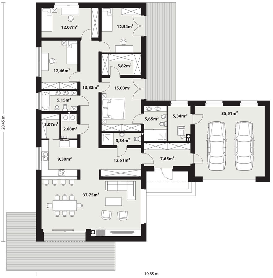 Proiect 143 — plan parter: casă modernă parter, 4 dormitoare, living înalt și garaj dublu