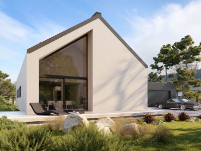 Proiect 143 — randare a casei: casă modernă parter, 4 dormitoare, living înalt și garaj dublu