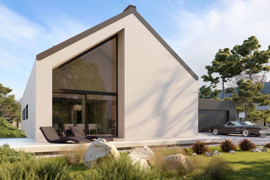 Proiect 143 — randare a casei: casă modernă parter, 4 dormitoare, living înalt și garaj dublu