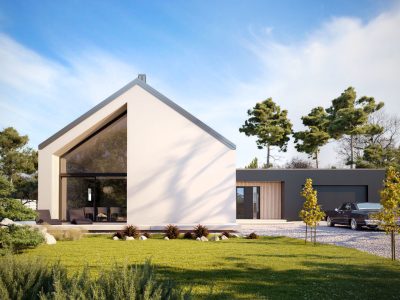 Proiect 143 — randare a casei: casă modernă parter, 4 dormitoare, living înalt și garaj dublu