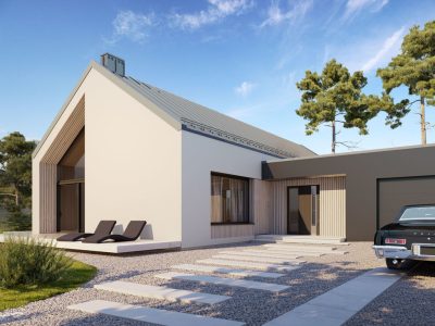 Proiect 143 — randare a casei: casă modernă parter, 4 dormitoare, living înalt și garaj dublu