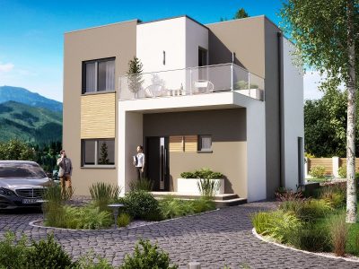 Proiect 144 — randare a casei: casă modernă pe două niveluri cu 3 dormitoare și balcon
