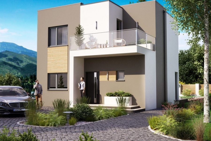 Proiect 144 — randare a casei: casă modernă pe două niveluri cu 3 dormitoare și balcon