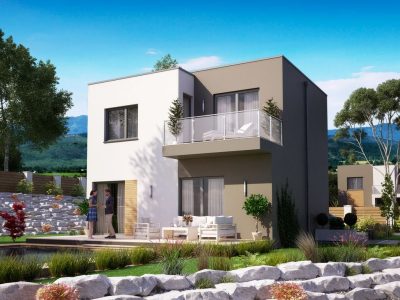Proiect 144 — randare a casei: casă modernă pe două niveluri cu 3 dormitoare și balcon