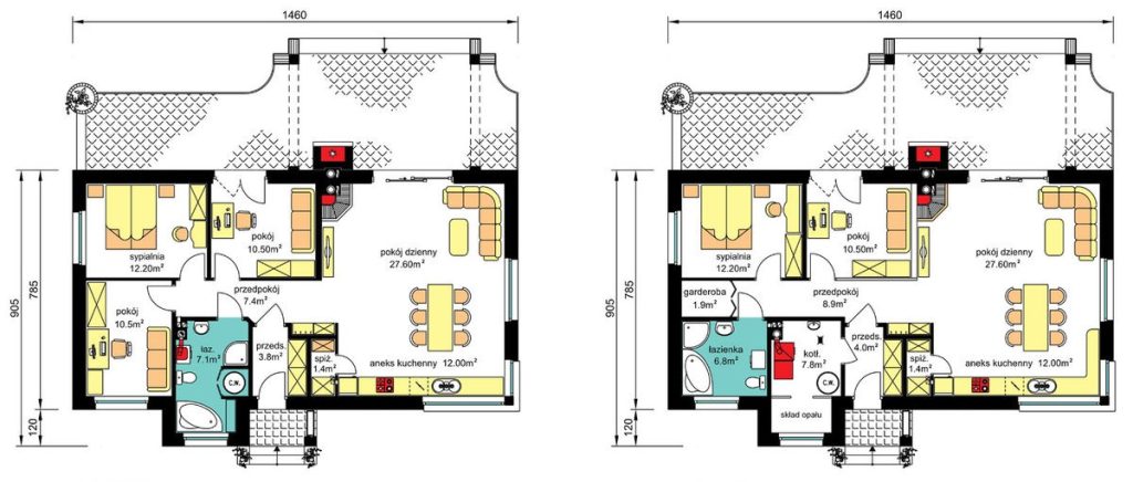 Proiect 145 — plan parter: casă modernă pe un nivel, 2 dormitoare, terasă acoperită din lemn și piscină