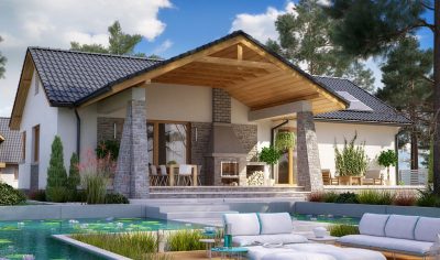 Proiect 145 — randare a casei: casă modernă pe un nivel, 2 dormitoare, terasă acoperită din lemn și piscină