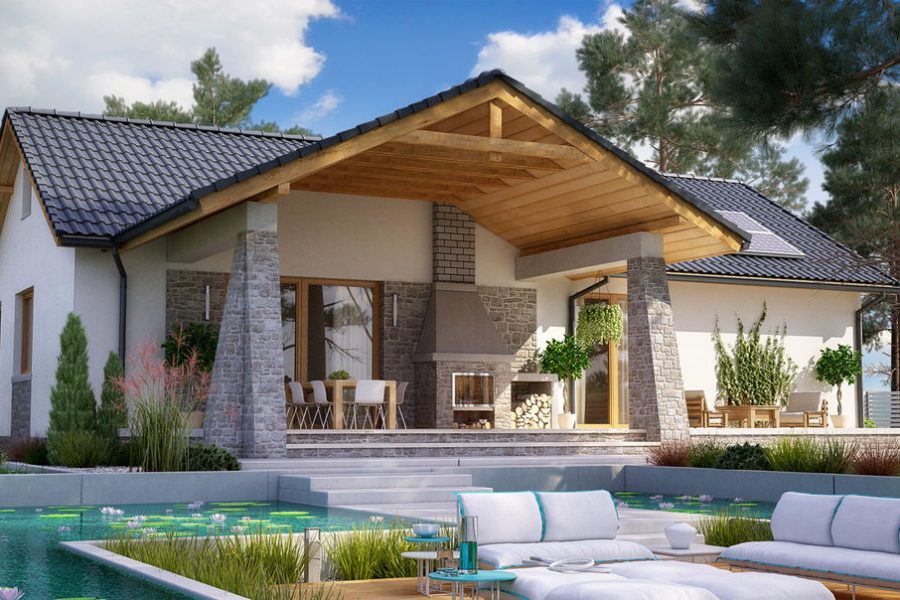 Proiect 145 — randare a casei: casă modernă pe un nivel, 2 dormitoare, terasă acoperită din lemn și piscină