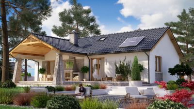 Proiect 145 — randare a casei: casă modernă pe un nivel, 2 dormitoare, terasă acoperită din lemn și piscină