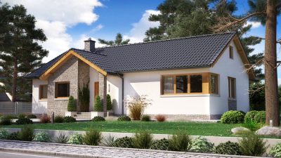 Proiect 145 — randare a casei: casă modernă pe un nivel, 2 dormitoare, terasă acoperită din lemn și piscină