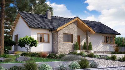 Proiect 145 — randare a casei: casă modernă pe un nivel, 2 dormitoare, terasă acoperită din lemn și piscină