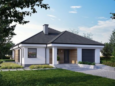 Proiect 147 — randare a casei: casă modernă pe un nivel, 3 dormitoare, acoperiș în patru ape și garaj