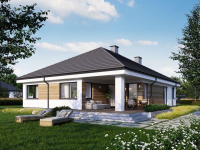 Proiect 147 — randare a casei: casă modernă pe un nivel, 3 dormitoare, acoperiș în patru ape și garaj