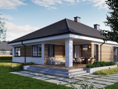Proiect 147 — randare a casei: casă modernă pe un nivel, 3 dormitoare, acoperiș în patru ape și garaj