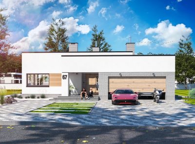 Proiect 148 — randare a casei: casă modernă pe un nivel, 3 dormitoare, garaj dublu și pergolă