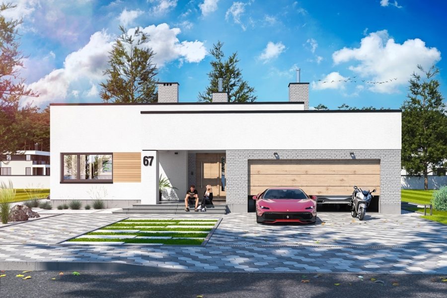 Proiect 148 — randare a casei: casă modernă pe un nivel, 3 dormitoare, garaj dublu și pergolă