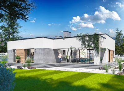 Proiect 148 — randare a casei: casă modernă pe un nivel, 3 dormitoare, garaj dublu și pergolă