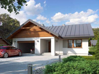 Proiect 149 — randare a casei: casă modernă pe un nivel, 3 dormitoare, garaj integrat și terasă