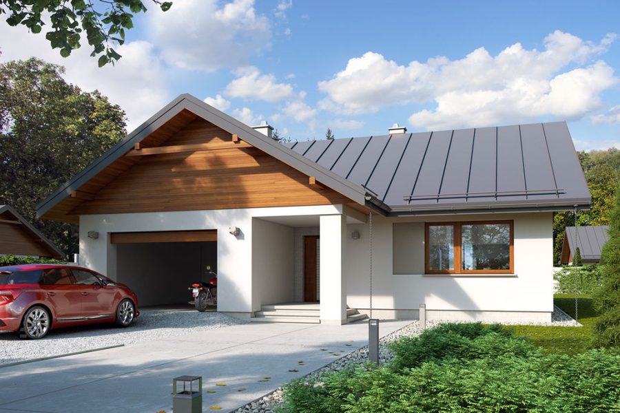 Proiect 149 — randare a casei: casă modernă pe un nivel, 3 dormitoare, garaj integrat și terasă