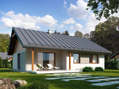 Proiect 149 — randare a casei: casă modernă pe un nivel, 3 dormitoare, garaj integrat și terasă