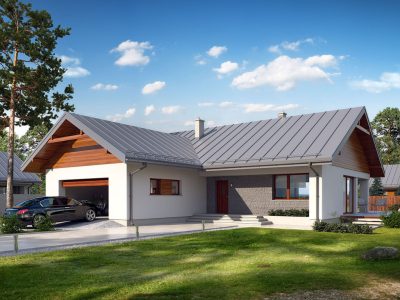 Proiect 149 — randare a casei: casă modernă pe un nivel, 3 dormitoare, garaj integrat și terasă