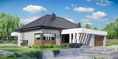 Proiect 150 — randare a casei: casă modernă pe un nivel, 4 dormitoare, acoperiș în patru ape și garaj dublu