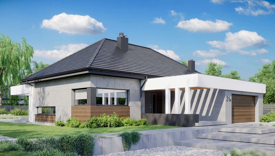 Proiect 150 — randare a casei: casă modernă pe un nivel, 4 dormitoare, acoperiș în patru ape și garaj dublu