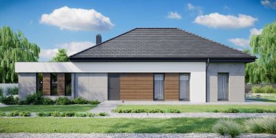 Proiect 150 — randare a casei: casă modernă pe un nivel, 4 dormitoare, acoperiș în patru ape și garaj dublu