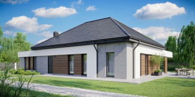 Proiect 150 — randare a casei: casă modernă pe un nivel, 4 dormitoare, acoperiș în patru ape și garaj dublu