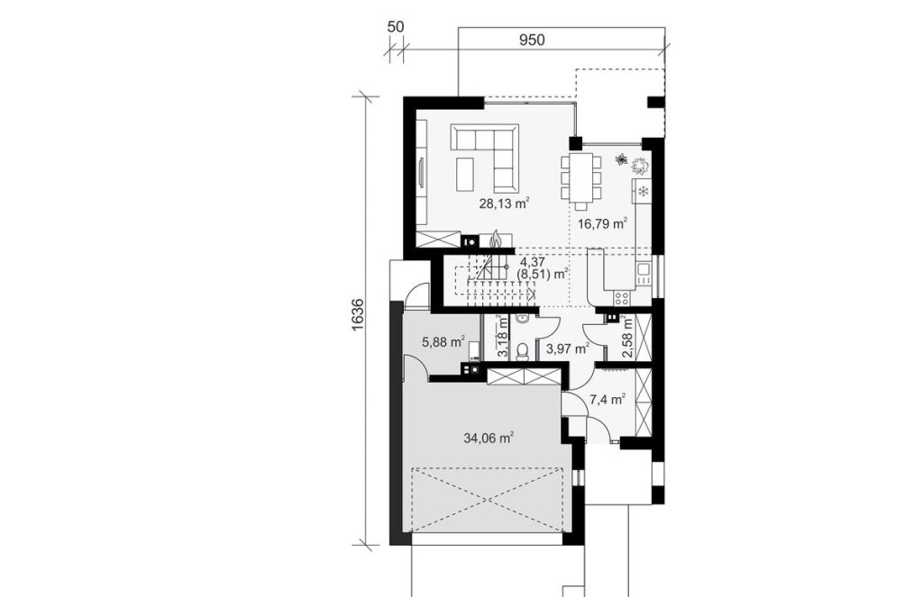 Proiect 152 — plan parter: casă modernă tip hambar cu garaj integrat, balcon și 3 dormitoare